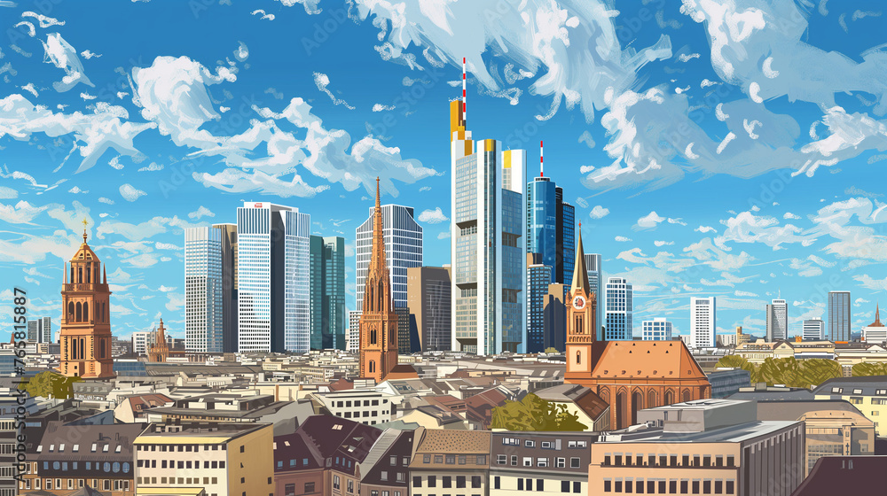 Frankfurt Main Tower cartoon - obrazy, fototapety, plakaty 