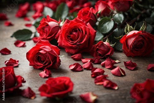 red roses and petals. red roses on the ground. bouquet of roses. 