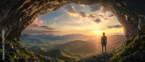 A man stands on the edge of an ancient cave, gazing out at the sunrise over clouds and mountains photo