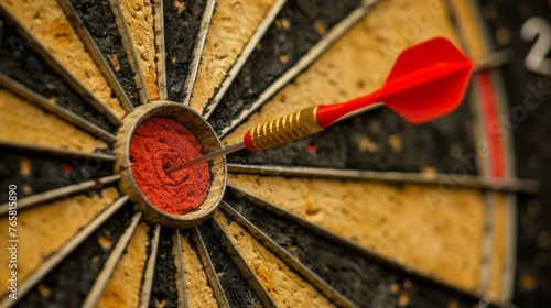 close-up view of a dartboard with a red dart precisely hitting the bulls eye. precision, and success
