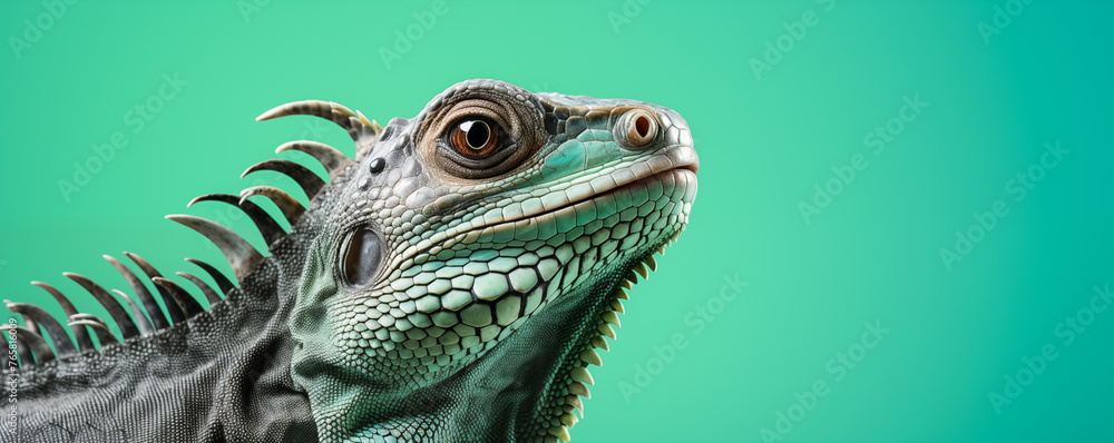 Fototapeta premium Close-up view of an Iguana isolated on minimalist background, banner with free space for text