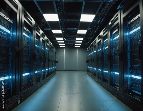 Modern Data Center Server Room with Blue Lighting
