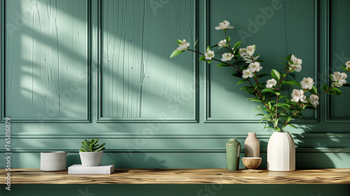 Urban Oasis Kitchen: Green Wall Panels with Wooden Shel photo