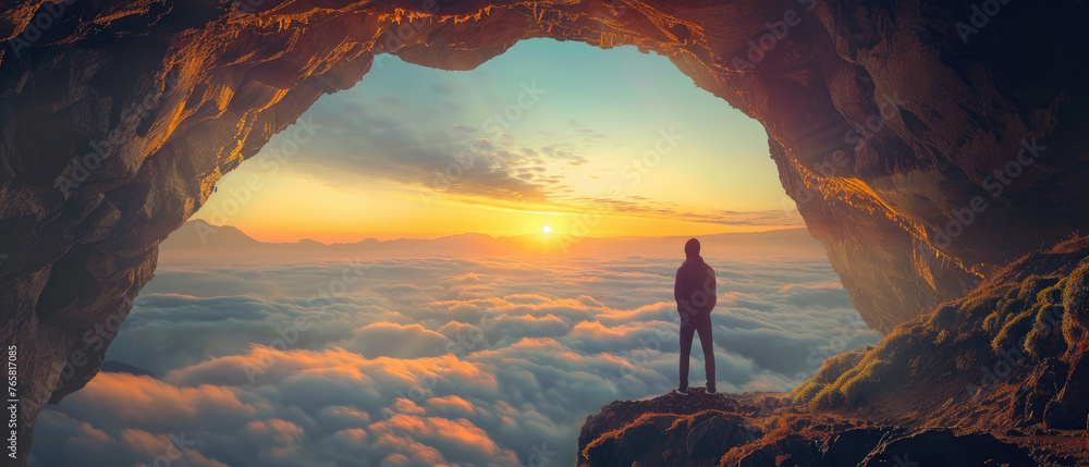 A man stands on the edge of an ancient cave, gazing out at the sunrise over clouds and mountains - obrazy, fototapety, plakaty 