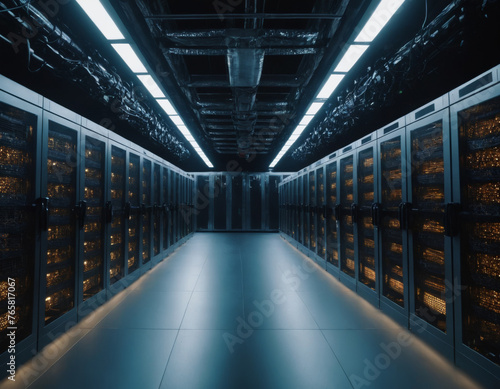 Contemporary Data Center with Illuminated Server Racks