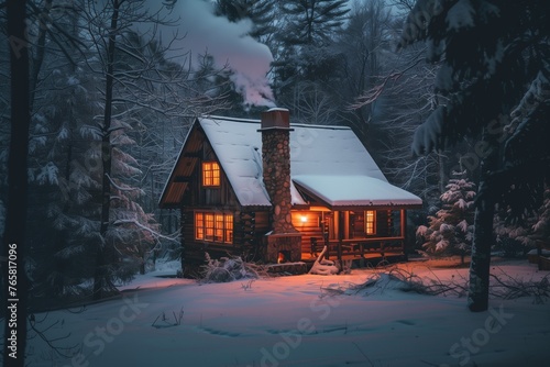 Rustic cabin with glowing windows in snowy night