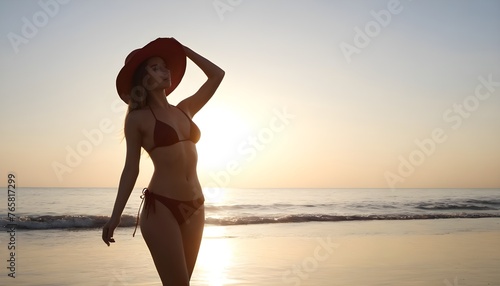 beautiful woman in a swimwear hat standing on the beach