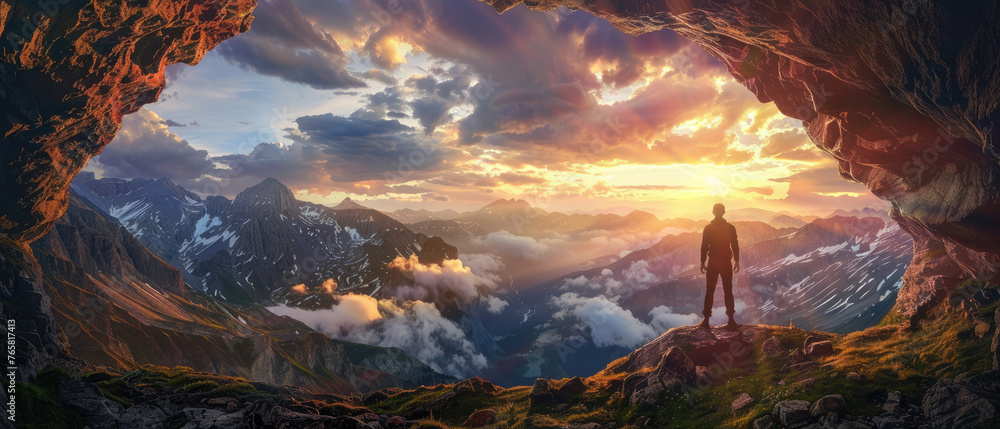A man stands on the edge of an ancient cave, gazing out at the sunrise over clouds and mountains