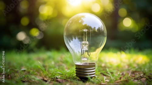 A light bulb among green grass and flowers emphasizes the idea of greening and clean energy. Concept: energy saving and inspiring projects to improve the environment