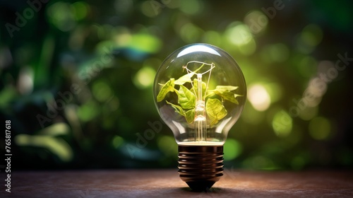 A light bulb with a growing green plant inside with round glare of light. Concept: renewable energy, sustainable development, innovative environmental technologies.