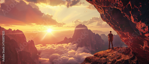 A man stands on the edge of an ancient cave, gazing out at the sunrise over clouds and mountains photo