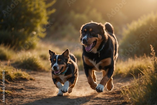 Zwei Hunde beim ausgelassenen Spiel im goldenen Abendlicht