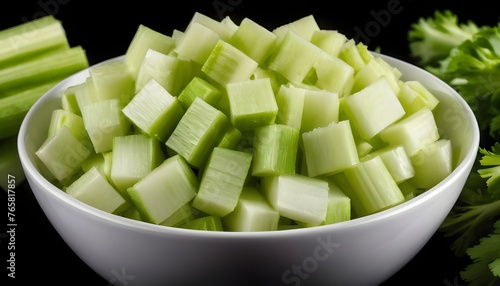 Fresh Chopped Celery Slices in White Bowl