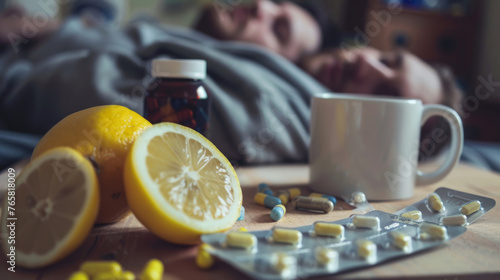 A bottle of pills and a cup of tea with lemon slices are in the foreground, with a person sleeping in the background.
