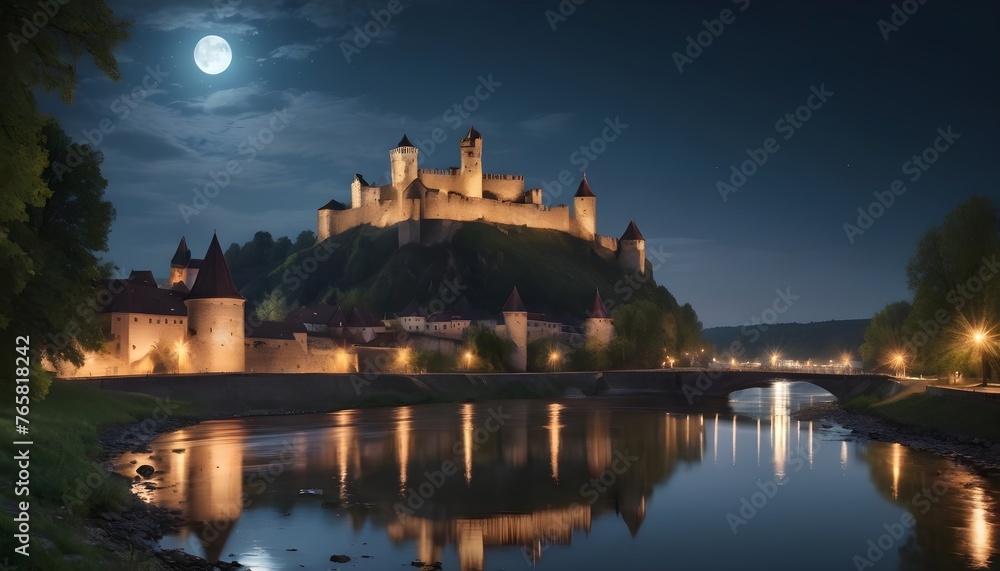 night view on the ancient castle over the river