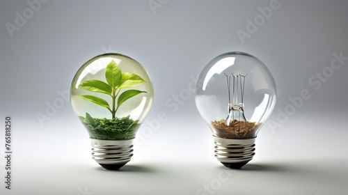 A light bulb with a growing green plant inside with round glare of light. Concept: renewable energy, sustainable development, innovative environmental technologies.