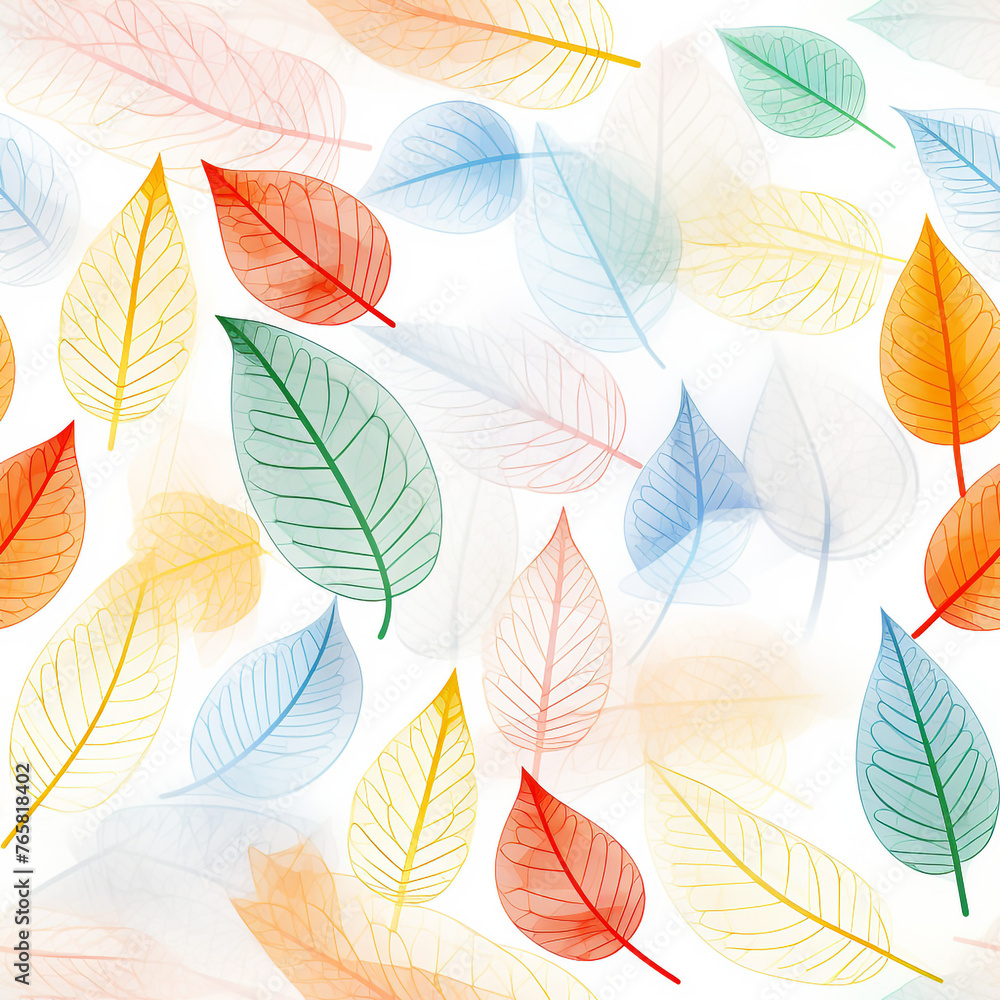 Obraz premium Many leaf colored leaves in a pattern on white, in the style of translucent geometries, textured backgrounds сreated with Generative Ai