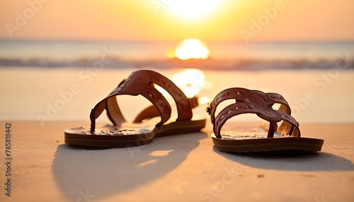 sandals on the beach have sunset photo