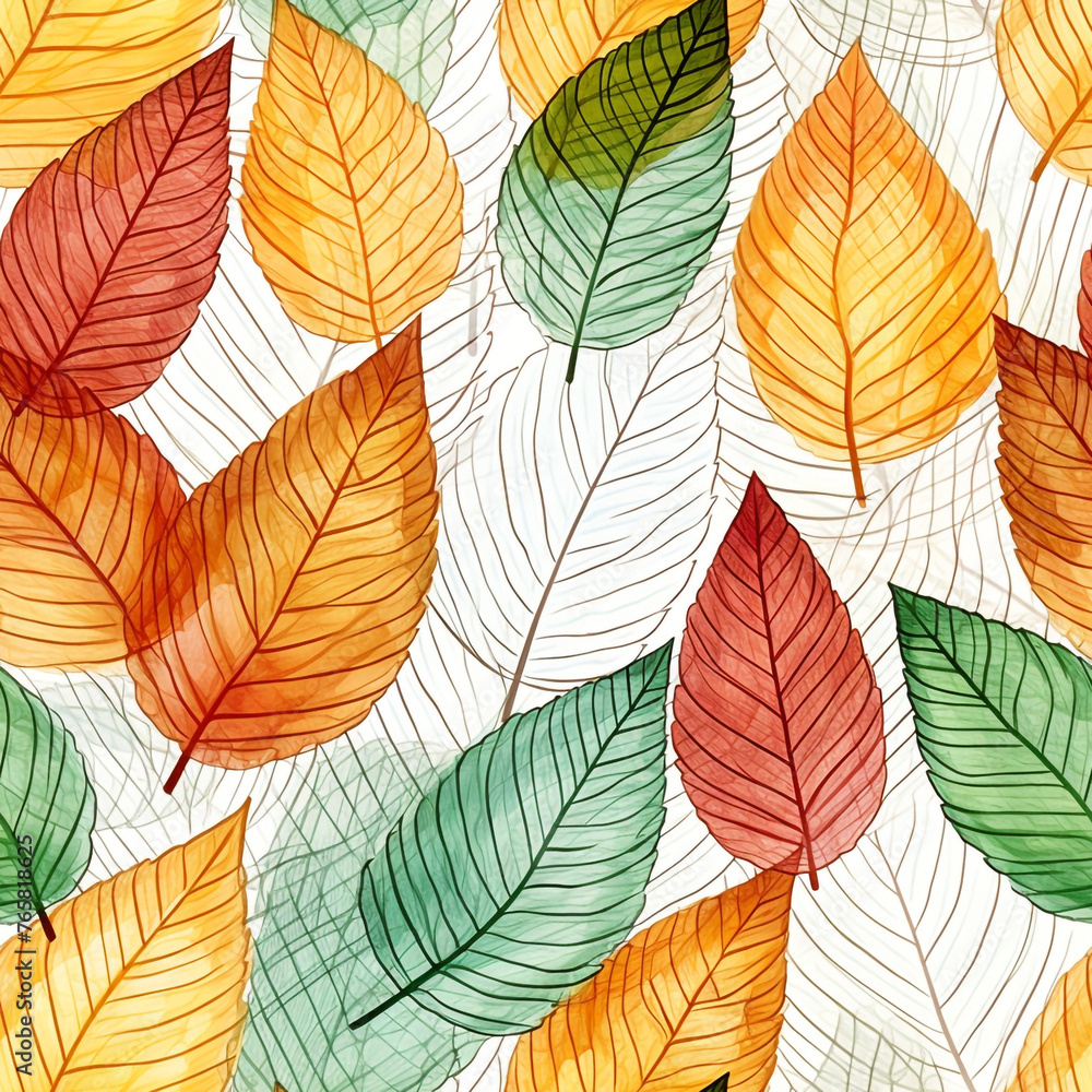 Obraz premium Many leaf colored leaves in a pattern on white, in the style of translucent geometries, textured backgrounds сreated with Generative Ai