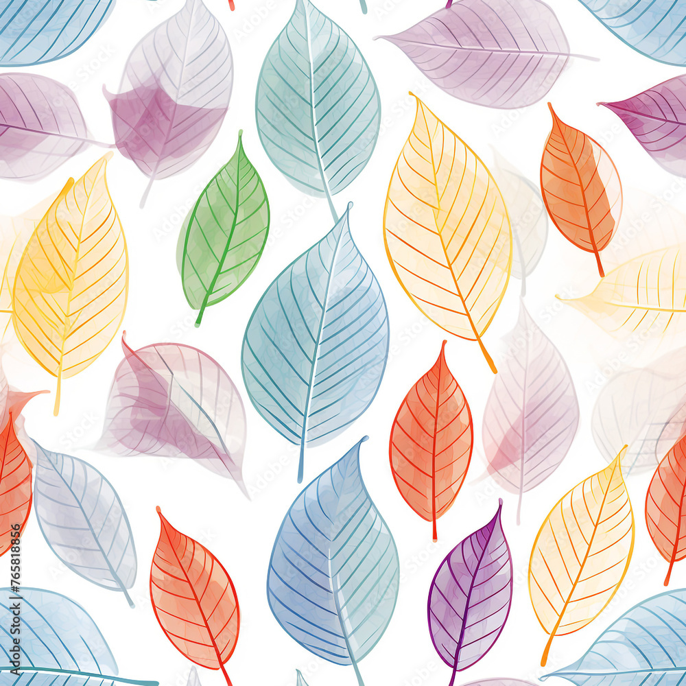 Obraz premium Many leaf colored leaves in a pattern on white, in the style of translucent geometries, textured backgrounds сreated with Generative Ai