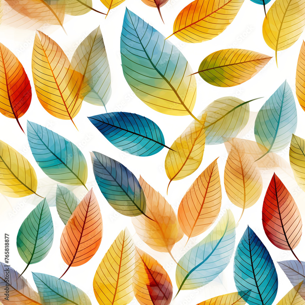 Many leaf colored leaves in a pattern on white, in the style of translucent geometries, textured backgrounds сreated with Generative Ai