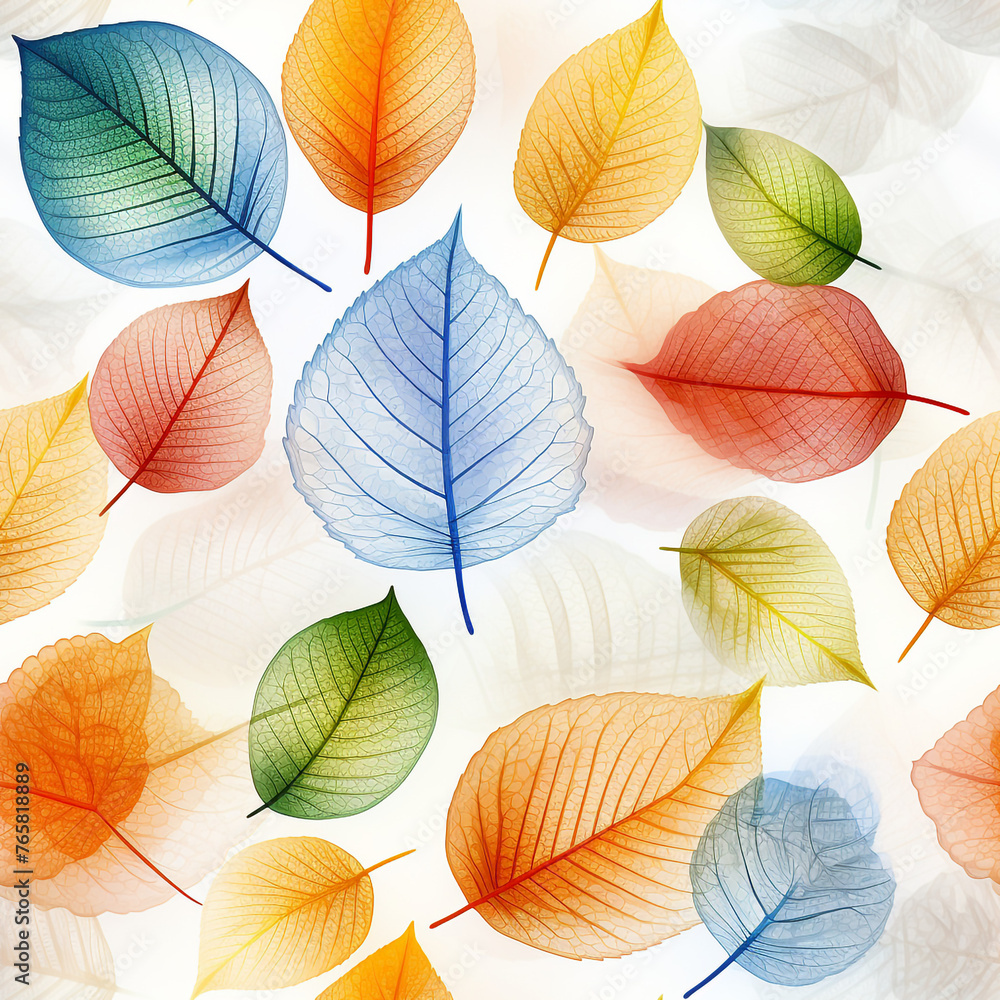 Obraz premium Many leaf colored leaves in a pattern on white, in the style of translucent geometries, textured backgrounds сreated with Generative Ai