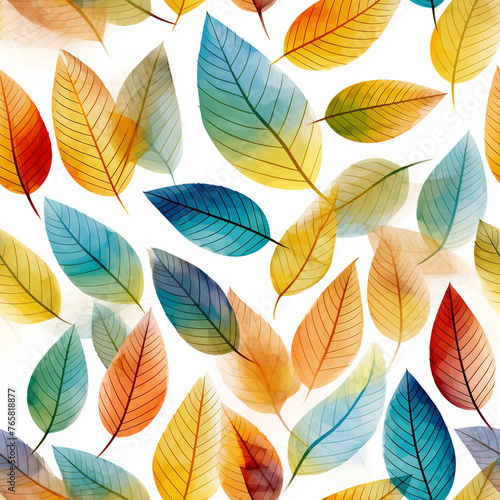 Many leaf colored leaves in a pattern on white, in the style of translucent geometries, textured backgrounds сreated with Generative Ai