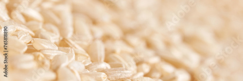 A background of dry brown rice grains showcases the integral, uncooked basmati texture. The macro view highlights the raw nature of this organic, whole food. Horizontal banner photo