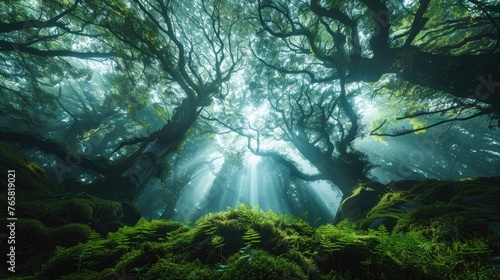 Sunlight filters through the canopy in a lush, green forest, casting beams of light.