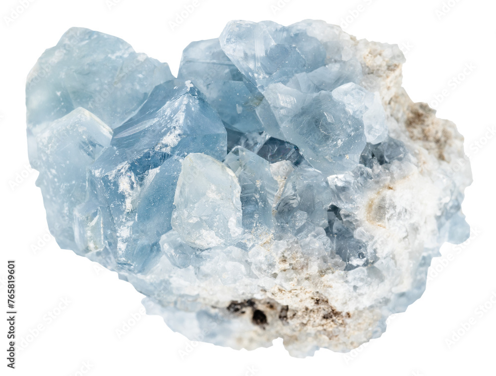 close up of sample of natural stone from geological collection - raw celestite mineral crystals isolated on white background from Madagascar
