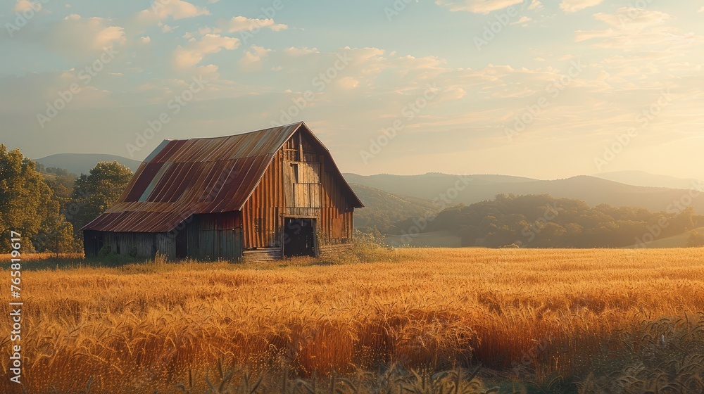 A serene rural scene featuring an old barn in a wheat field, basked in the warm glow of a setting sun.