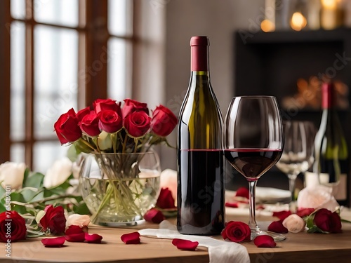 A wine bottle and glasses on a table with flowers.