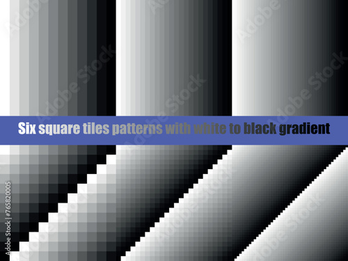 Black to white gradient in square tiles, seamless vector pattern, grey scale, contrasting tones, collection of six