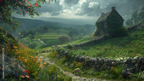 A serene countryside scene with a stone cottage, grazing sheep, lush green fields, and vibrant wildflowers. © Jonas