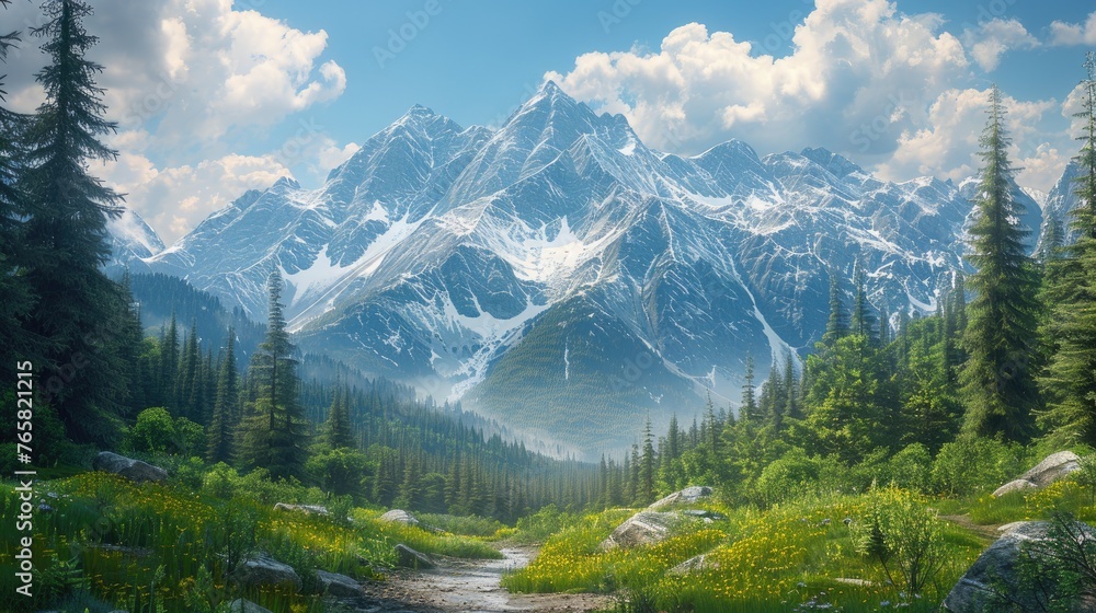 A serene landscape with snow-capped mountains, pine trees, and a meadow.