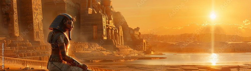 Advanced robot studying hieroglyphs in an ancient Egyptian town, golden sunset hues - obrazy, fototapety, plakaty 