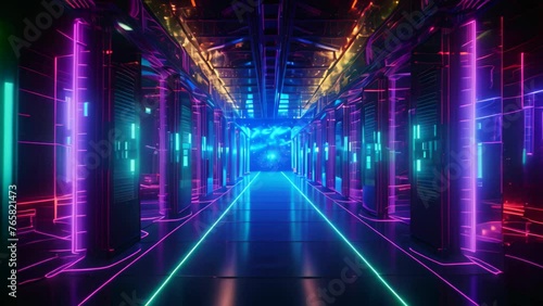 Wallpaper Mural 3D rendering of a futuristic corridor with glowing neon lights and reflections, Data Center Server Room. Network Communication, Colorful Neon Server Racks, AI Generated Torontodigital.ca