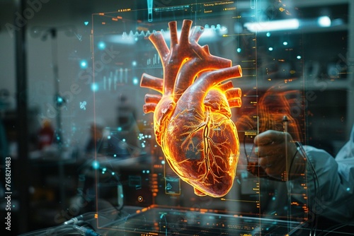 AI diagnosing heart disease, holographic heart model, AR interface, hightech lab setting photo
