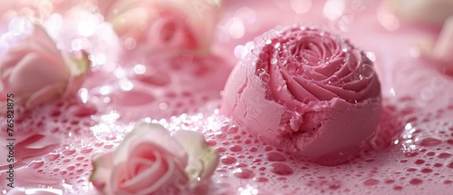 Rosescented bath bomb  pink swirls  romantic setting  soft focus  closeup