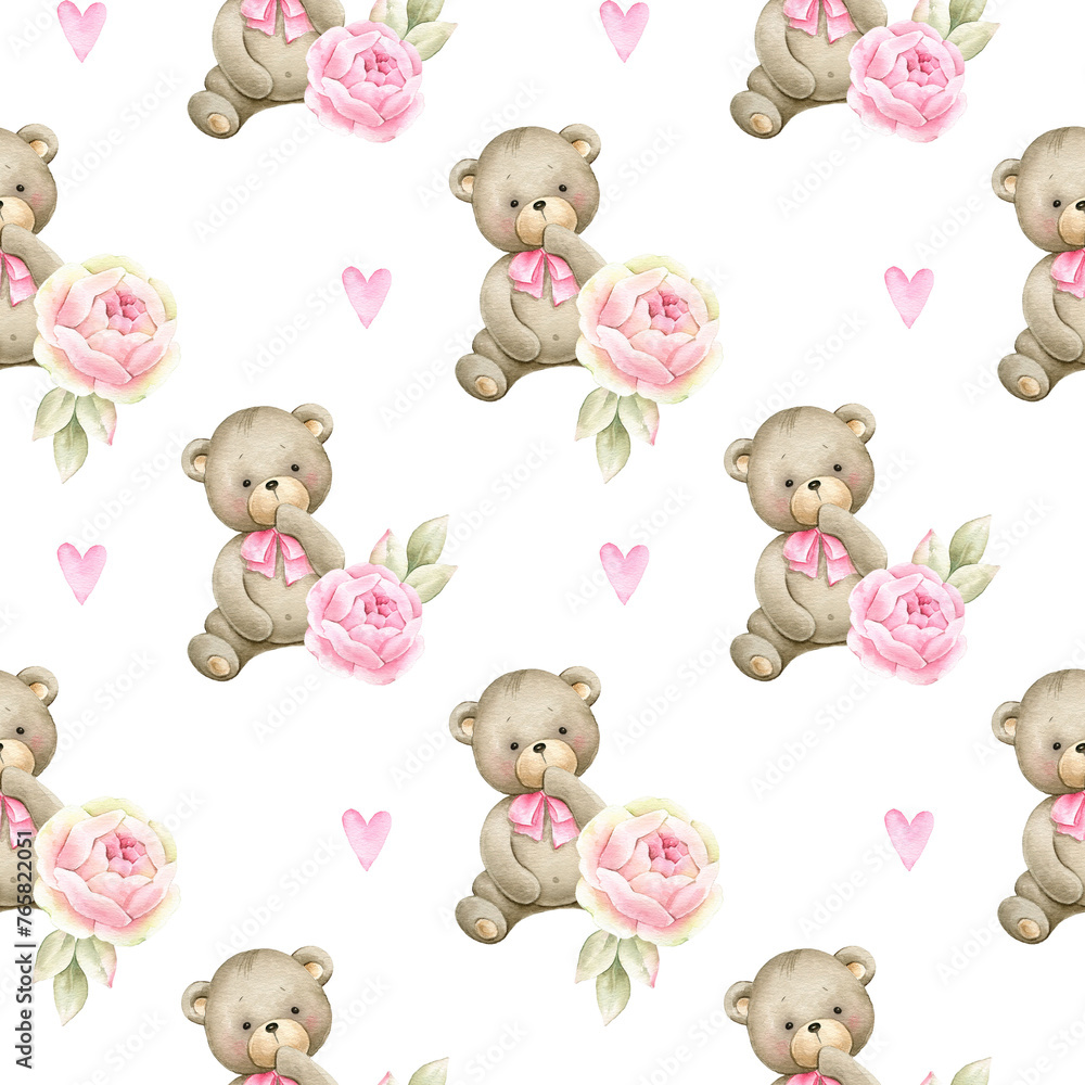 Fototapeta premium Cute Teddy bear with blue flowers. Watercolor hand painted seamless pattern for baby boy.