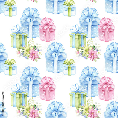 Festive seamless pattern with gift boxes,flowers and bows. Watercolor hand painted background. (ID: 765822010)