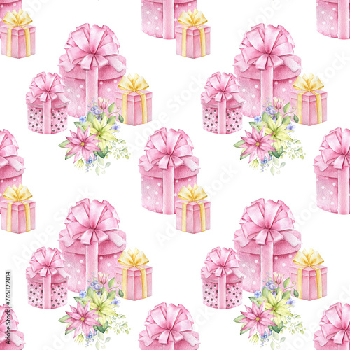 Festive seamless pattern with gift boxes,flowers and bows. Watercolor hand painted background. (ID: 765822014)