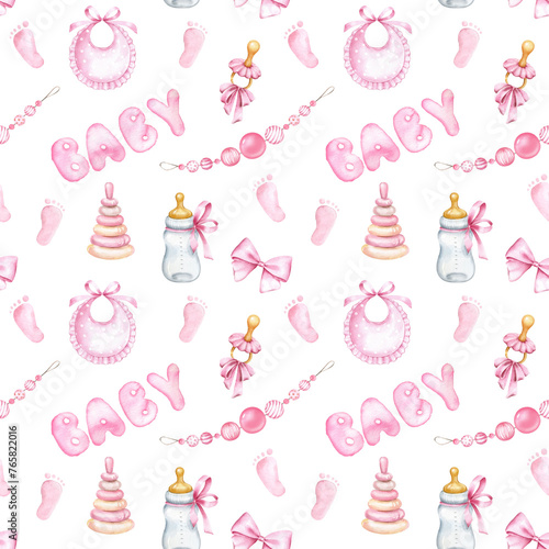Cute seamless pattern for baby girl textile, baby shower, clothes. Watercolor hand painted background. (ID: 765822016)