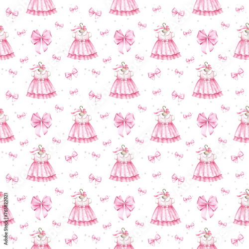 Fashion seamless pattern for baby girl with pink dresses, bows. Watercolor hand painted background. (ID: 765822021)