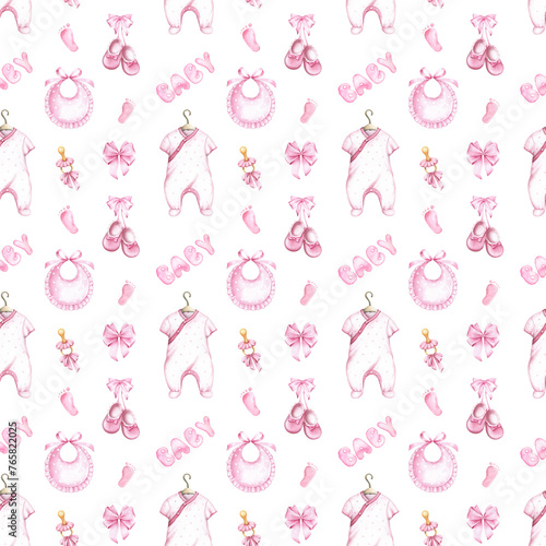 Cute seamless pattern for baby girl textile, baby shower, clothes. Watercolor hand painted background. (ID: 765822025)