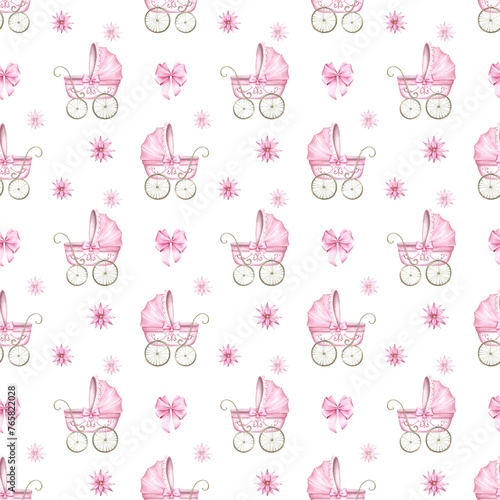Watercolor seamless pattern with baby carriage. Kids background for baby girl. (ID: 765822028)