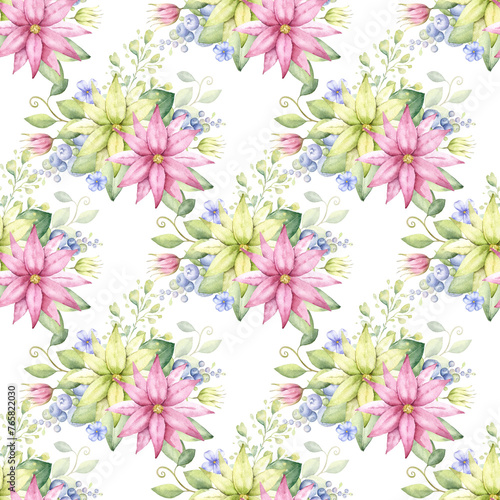 Bright floral pattern. Watercolor hand painted seamless pattern with pink,yellow flowers and green leaves. (ID: 765822030)