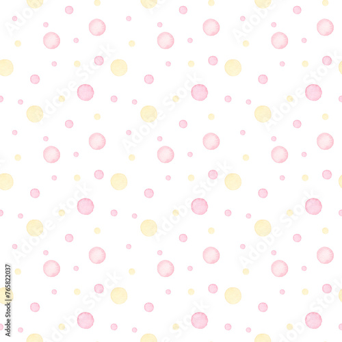 Pink polka dots baby pattern.Watercolor hand painted seamless pattern for baby girl . (ID: 765822037)