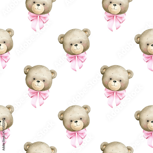 Seamless pattern with teddy bear. Watercolor hand painted seamless pattern for baby girl with teddy bear and pink bow. (ID: 765822042)