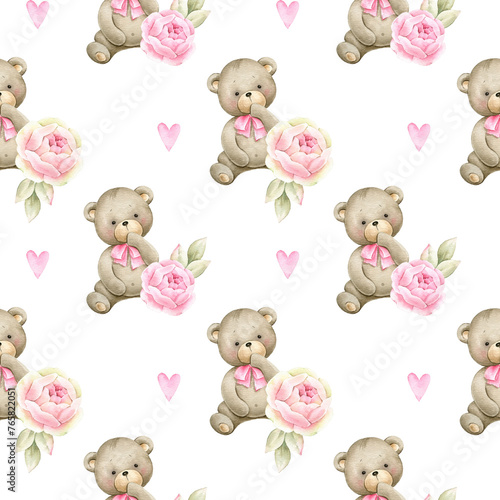 Cute Teddy bear with blue flowers. Watercolor hand painted seamless pattern for baby boy. (ID: 765822051)